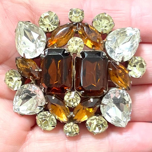Vintage Brooch Root Beer Topaz Clear Rhinestone VTG Costume Jewelry Pin Lot M08 - Picture 1 of 4